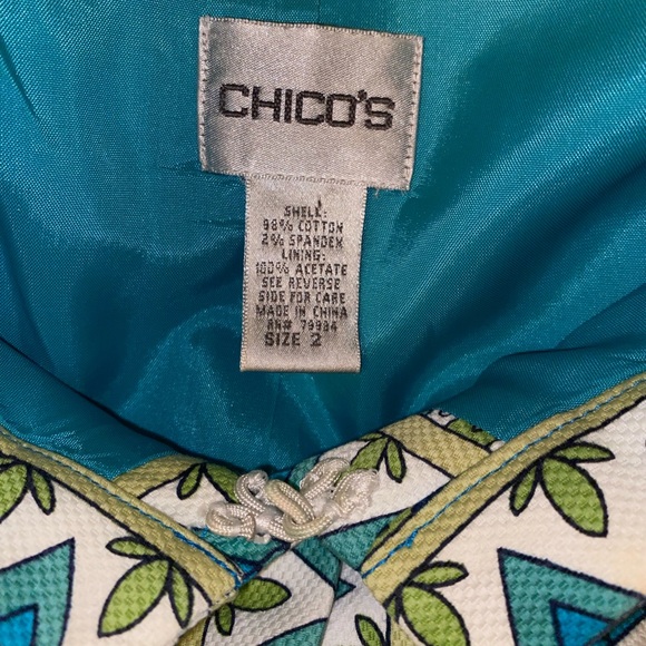 Chico's Jacket Women's Sz 12 Teal Chartreuse Royal Blue Flare 3/4 Sleeves Tribal - Picture 2 of 7